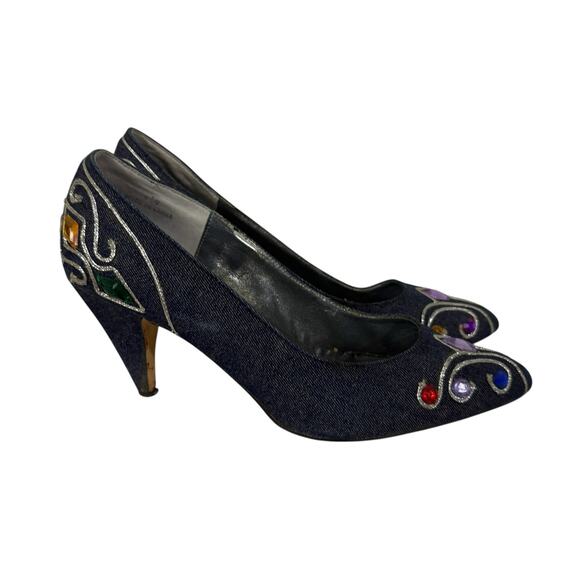 VIntage 80s Glitter Bedazzeled Jeweled Denim J. Renee heels 8.5 N - Picture 4 of 9